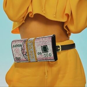 “Money Bags” Embellished $10k Bling Belt Bag w/ detachable belt- New
